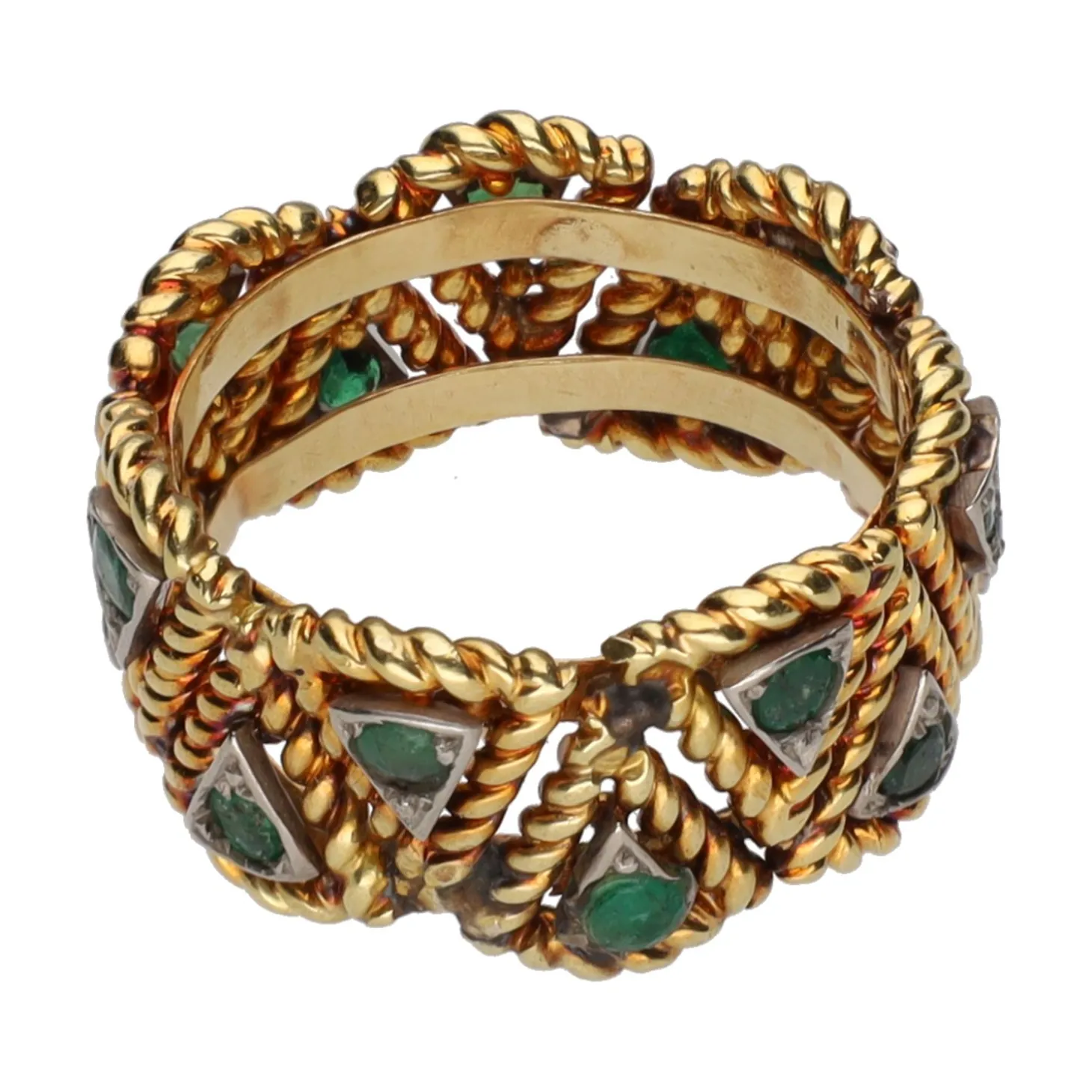 ANILLOS / SORTIJAS Sortija ancha en oro amarillo con esmeraldas. Talla 13.