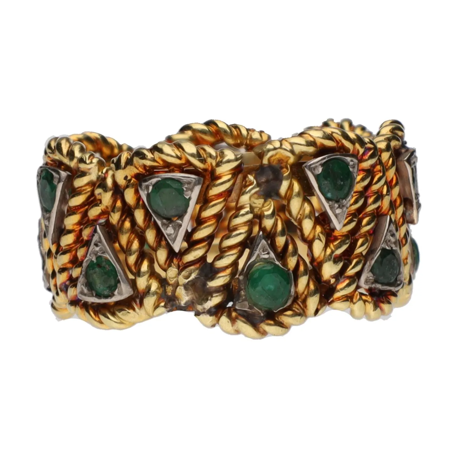 ANILLOS / SORTIJAS Sortija ancha en oro amarillo con esmeraldas. Talla 13.