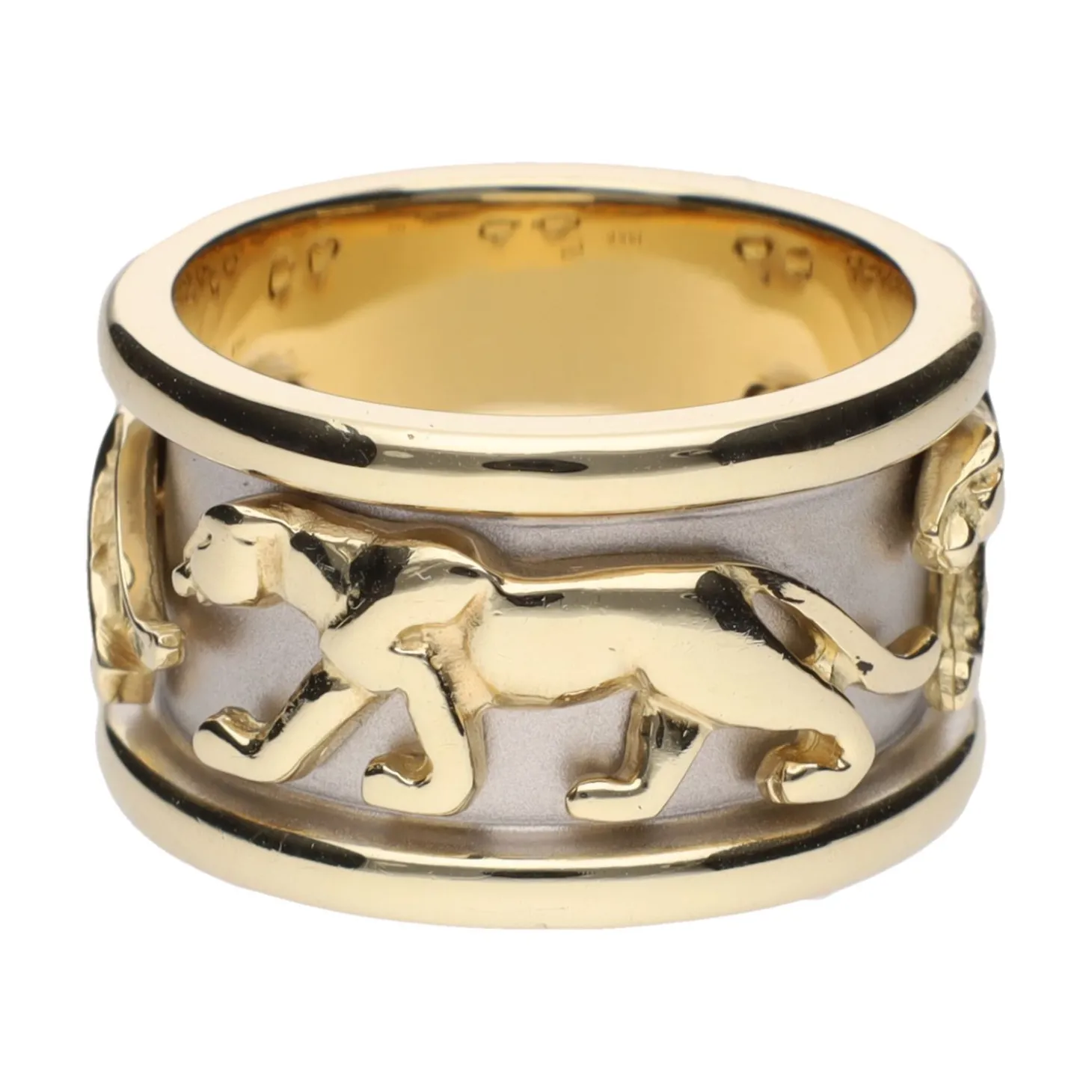 ANILLOS / SORTIJAS Sortija ancha en oro amarillo y oro blanco con motivos pantera.14K. Talla 18.