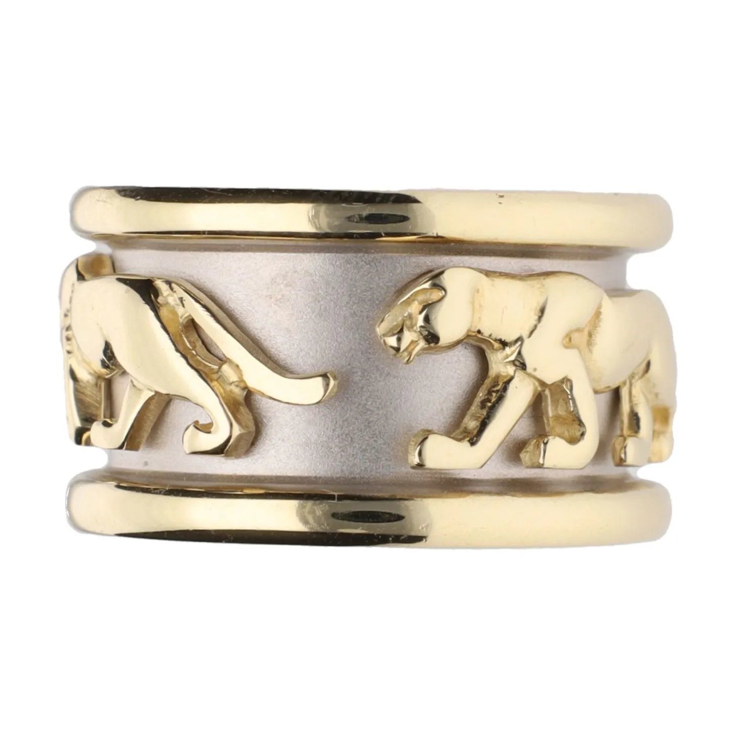 ANILLOS / SORTIJAS Sortija ancha en oro amarillo y oro blanco con motivos pantera.14K. Talla 18.