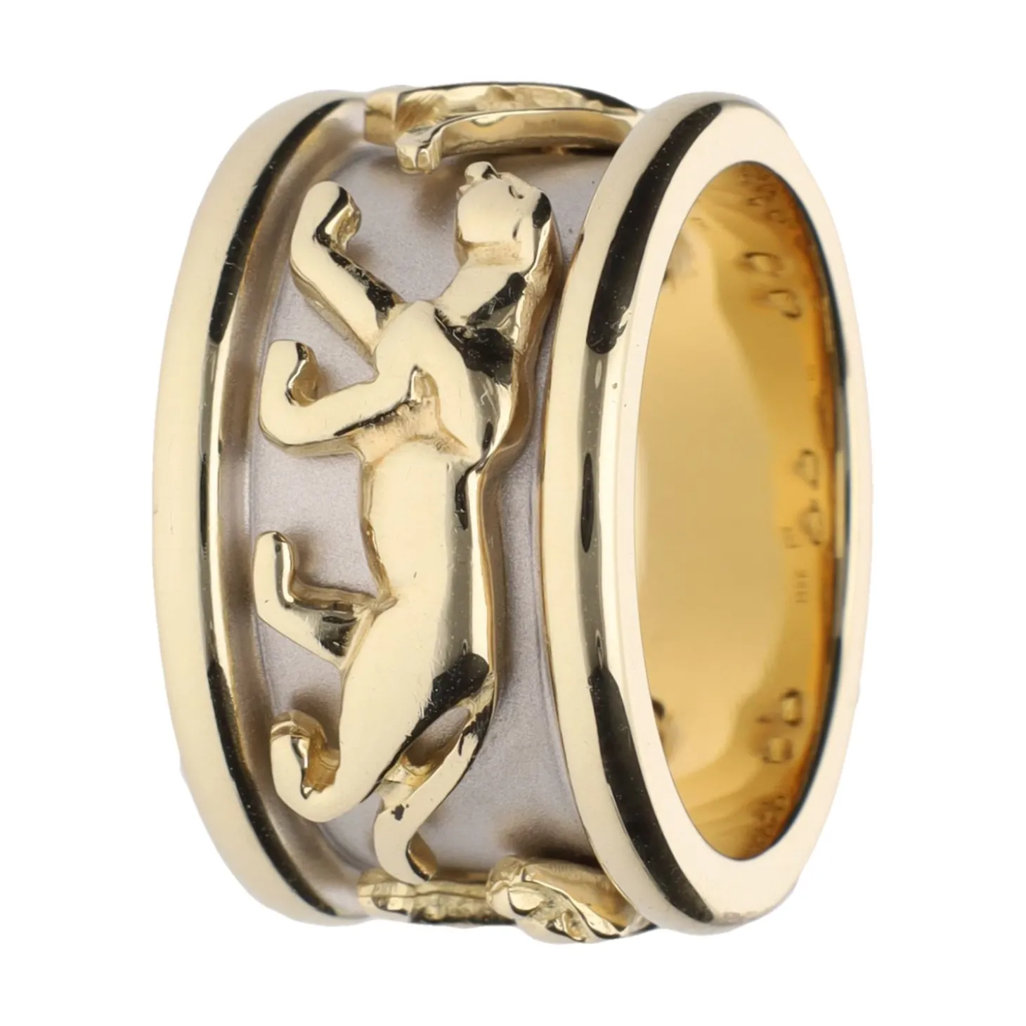ANILLOS / SORTIJAS Sortija ancha en oro amarillo y oro blanco con motivos pantera.14K. Talla 18.