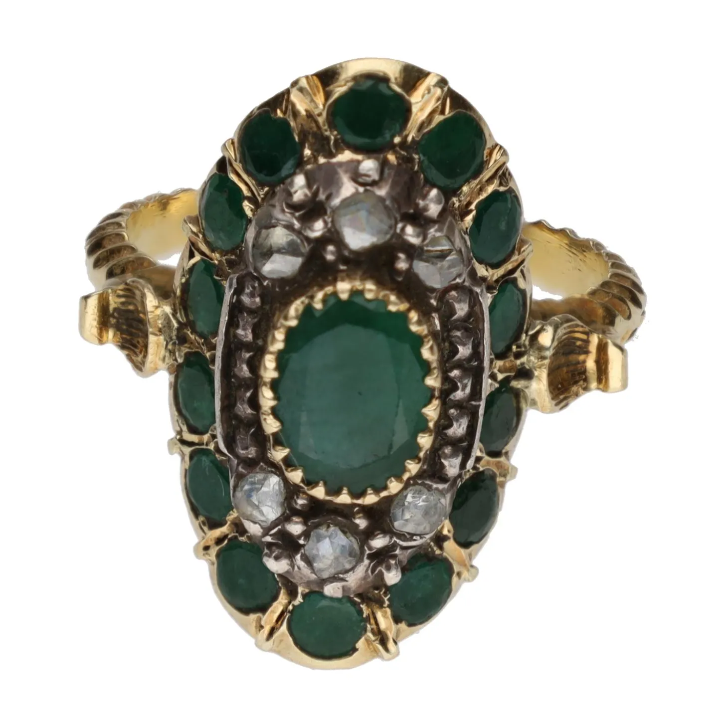 ANILLOS / SORTIJAS Sortija antigua en oro amarillo con esmeralda y diamantes. Talla 18.