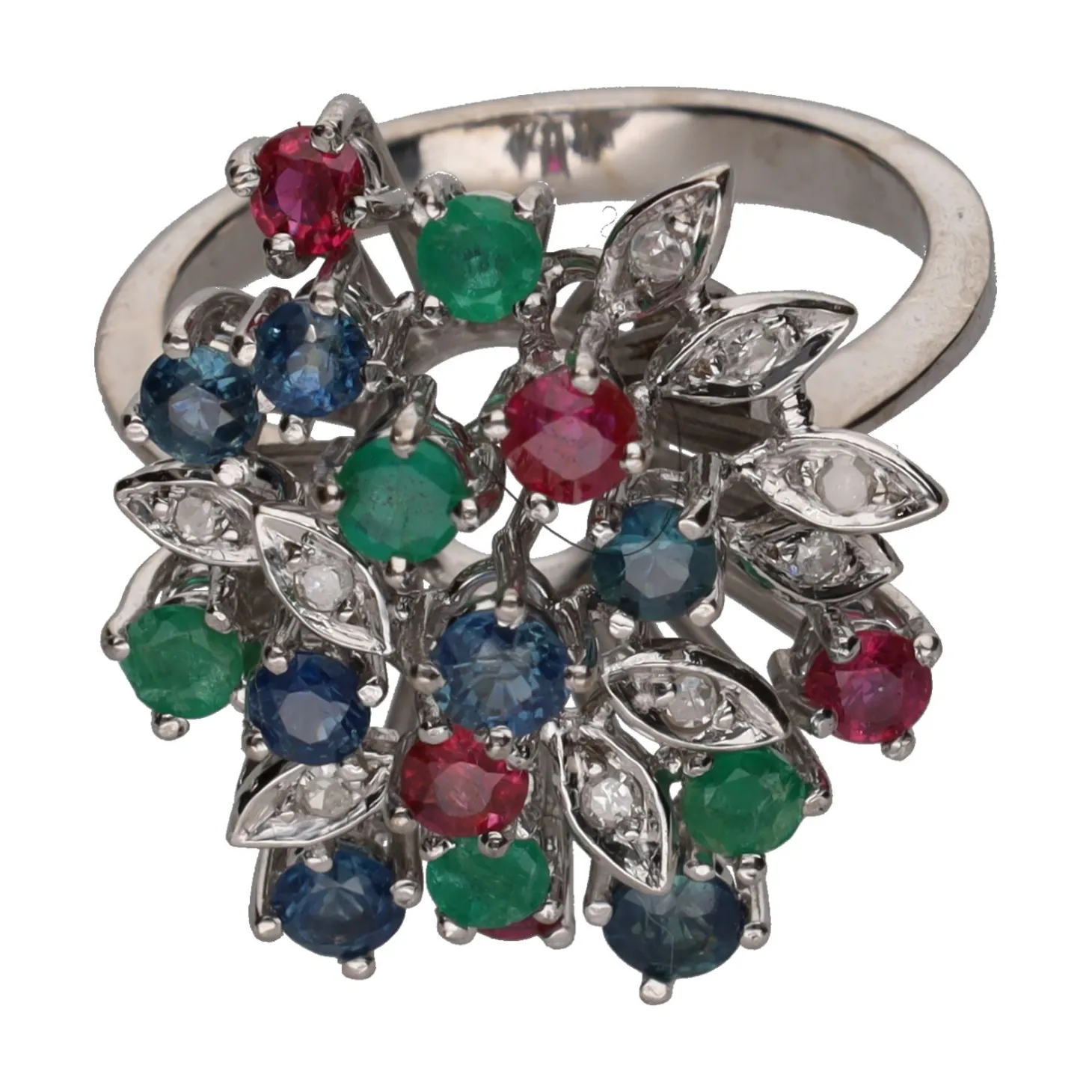 ANILLOS / SORTIJAS Sortija en oro blanco con zafiros, rubíes, esmeraldas y brillantes. Talla 15.