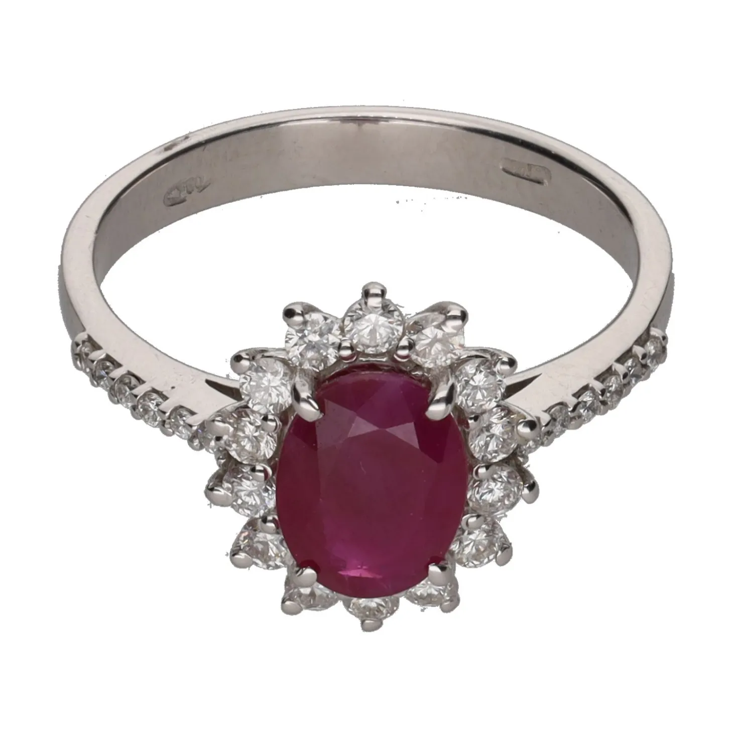 ANILLOS / SORTIJAS Sortija en oro blanco con rubí y orla de brillantes. Talla 16.