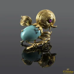 BROCHES / ALFILERES Broche-alfiler pajaro oro amarillo turquesa y amatista