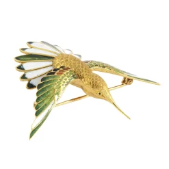 BROCHES / ALFILERES Broche-alfiler colibrí oro amarillo y esmalte.
