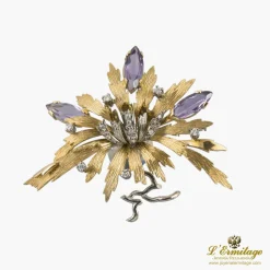 BROCHES / ALFILERES Broche-alfiler flor oro amarillo oro blanco amatistas y diamantes