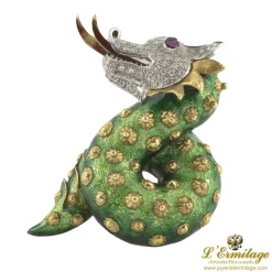 BROCHES / ALFILERES Broche-alfiler dragón oro amarillo esmalte pavé de diamantes y rubí