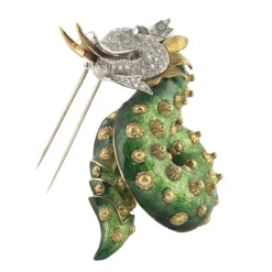 BROCHES / ALFILERES Broche-alfiler dragón oro amarillo esmalte pavé de diamantes y rubí