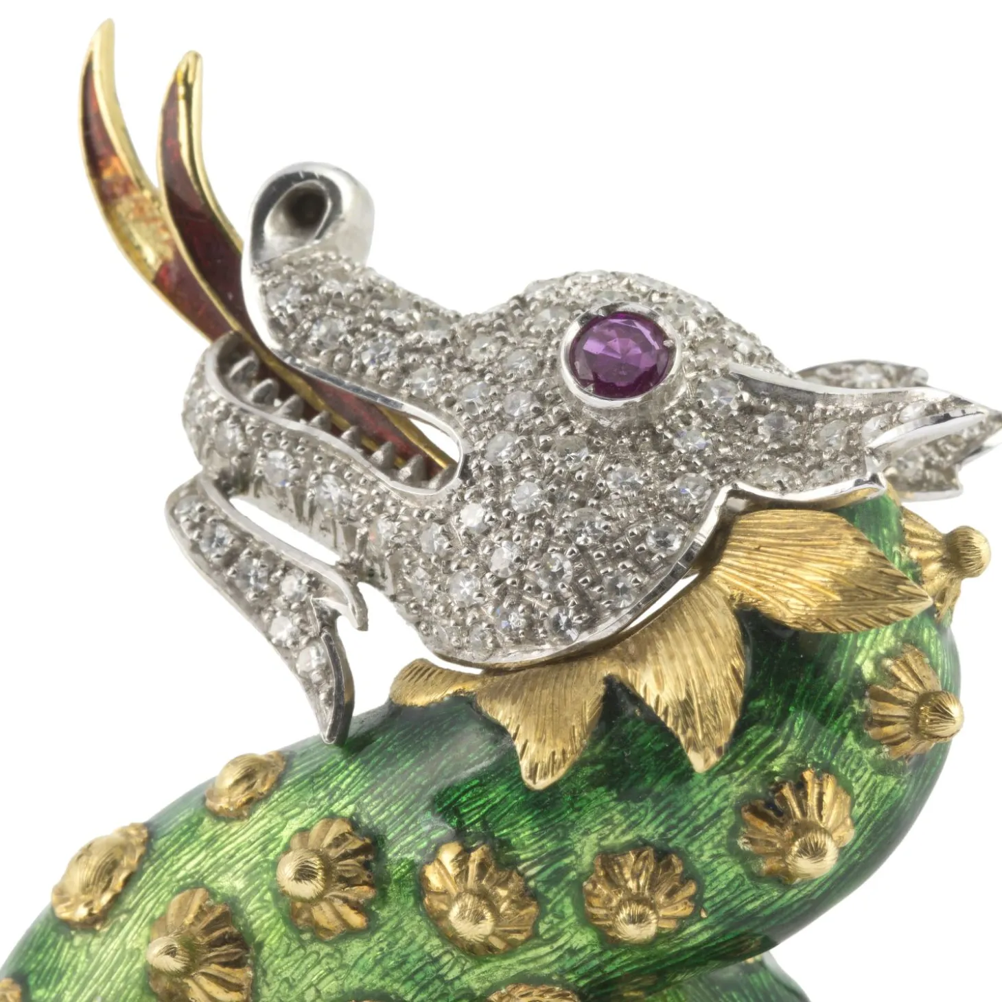 BROCHES / ALFILERES Broche-alfiler dragón oro amarillo esmalte pavé de diamantes y rubí