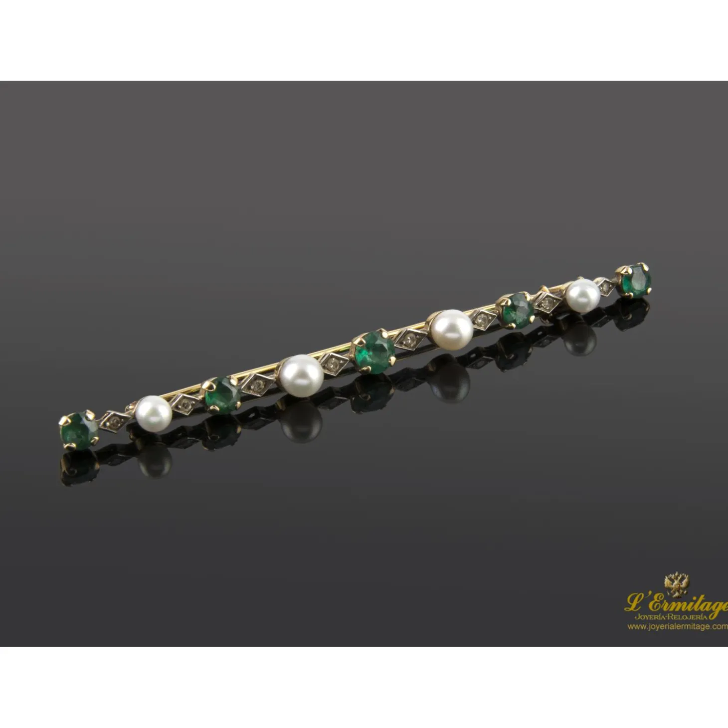 BROCHES / ALFILERES Broche-alfiler oro amarillo esmeraldas perlas y diamantes talla antigua