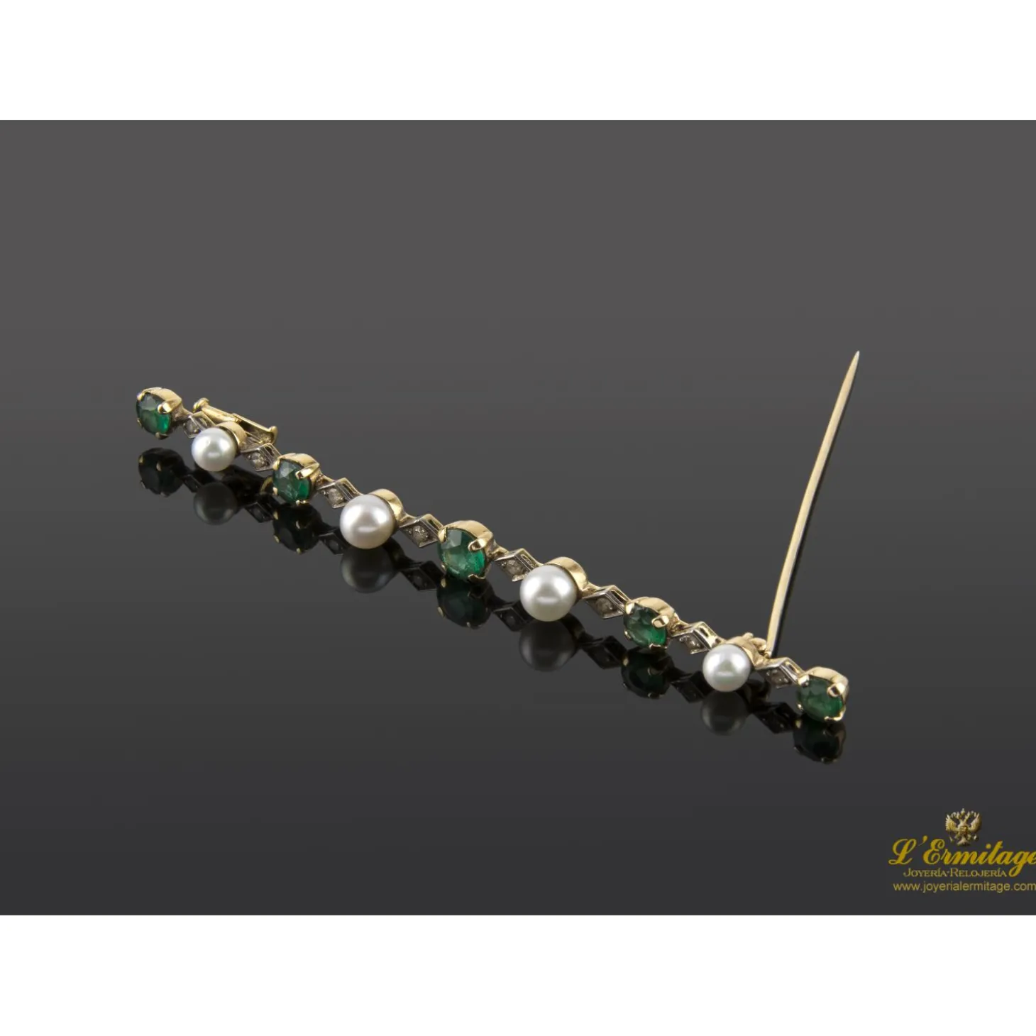 BROCHES / ALFILERES Broche-alfiler oro amarillo esmeraldas perlas y diamantes talla antigua