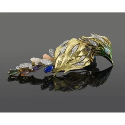 BROCHES / ALFILERES Broche-alfiler ave tropical oro amarillo piedras preciosas y esmalte