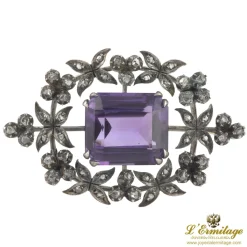 BROCHES / ALFILERES Broche-alfiler antiguo oro y plata amatista y diamantes