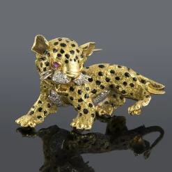 BROCHES / ALFILERES Broche-alfiler leopardo oro amarillo y esmalte