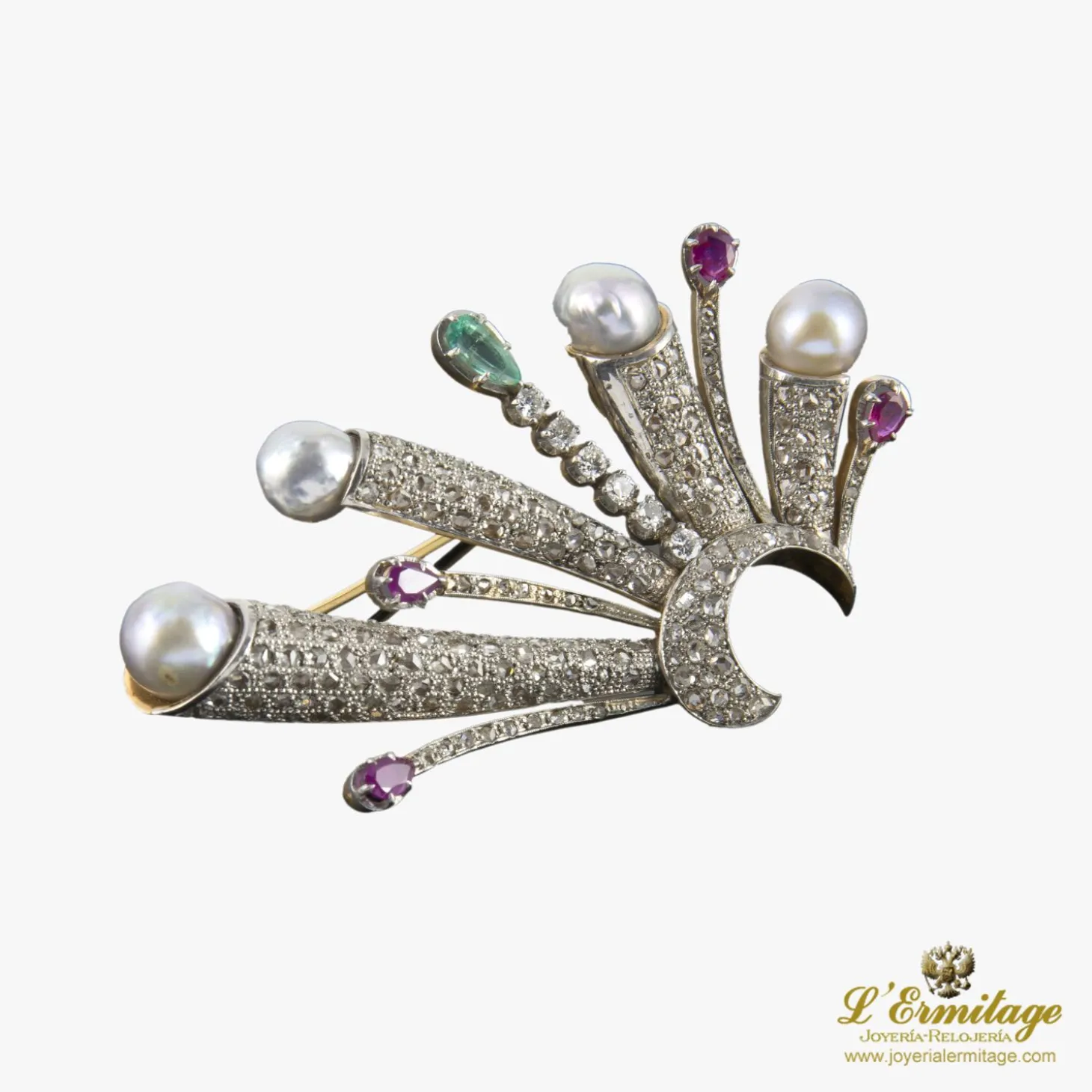 BROCHES / ALFILERES Broche-alfiler antiguo oro blanco perlas rubíes diamantes y esmeralda
