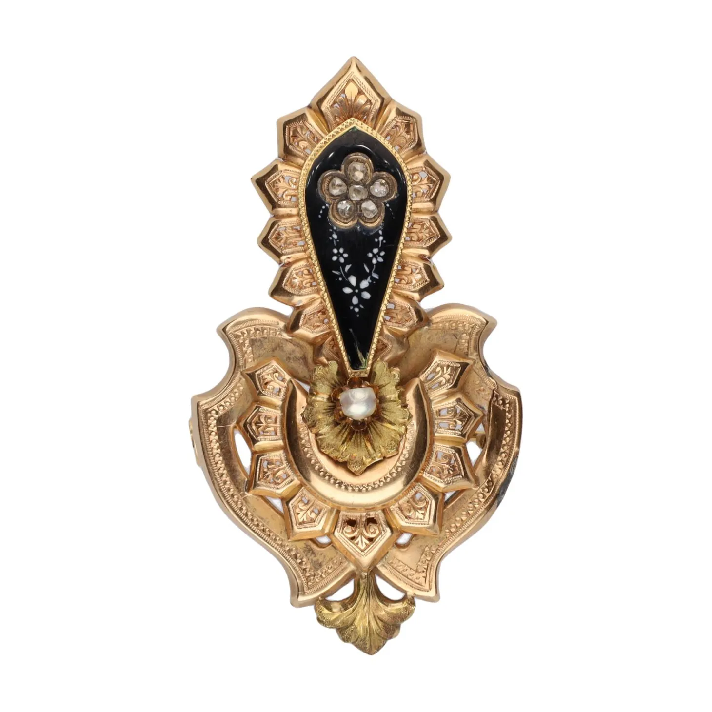 BROCHES / ALFILERES Broche antiguo en oro amarillo, esmalte, perla y diamantes.