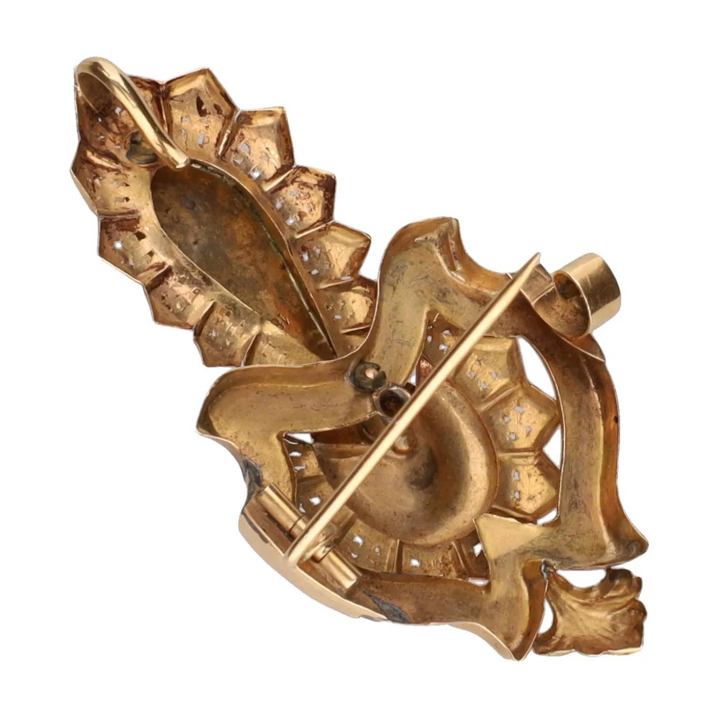 BROCHES / ALFILERES Broche antiguo en oro amarillo, esmalte, perla y diamantes.