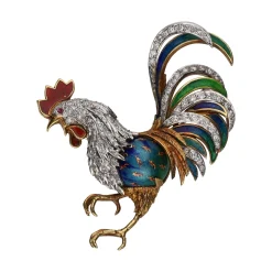 BROCHES / ALFILERES Broche en forma de gallo en oro amarillo y oro blanco con esmalte y brillantes.