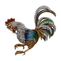 BROCHES / ALFILERES Broche en forma de gallo en oro amarillo y oro blanco con esmalte y brillantes.