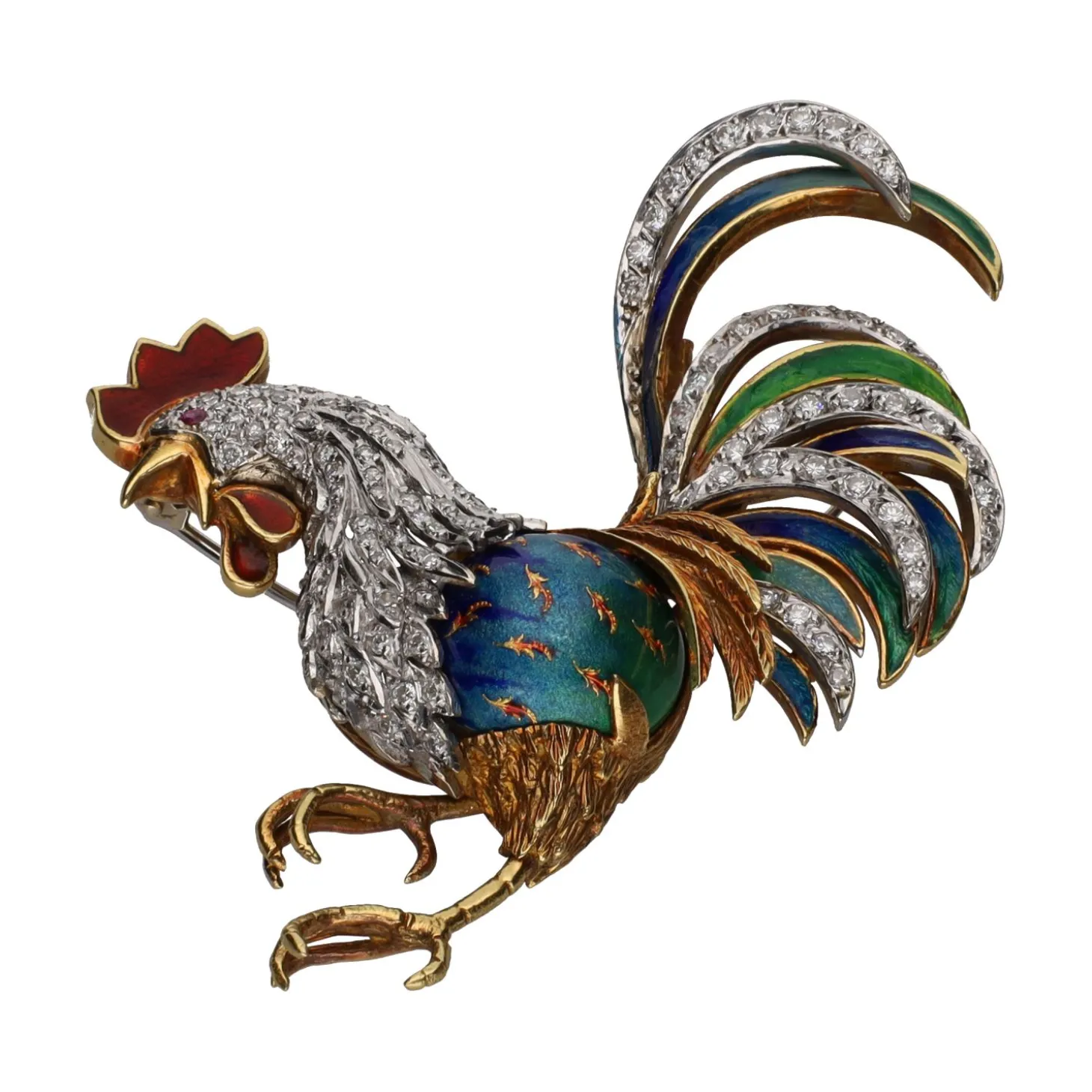 BROCHES / ALFILERES Broche en forma de gallo en oro amarillo y oro blanco con esmalte y brillantes.