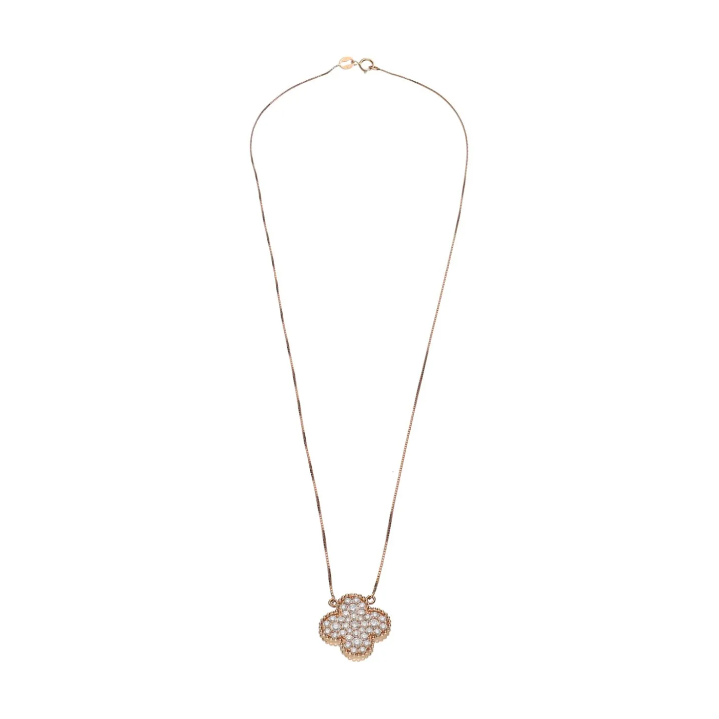 COLLARES Collar en oro rosa con colgante trébol cuatro hojas cuajado de brillantes.