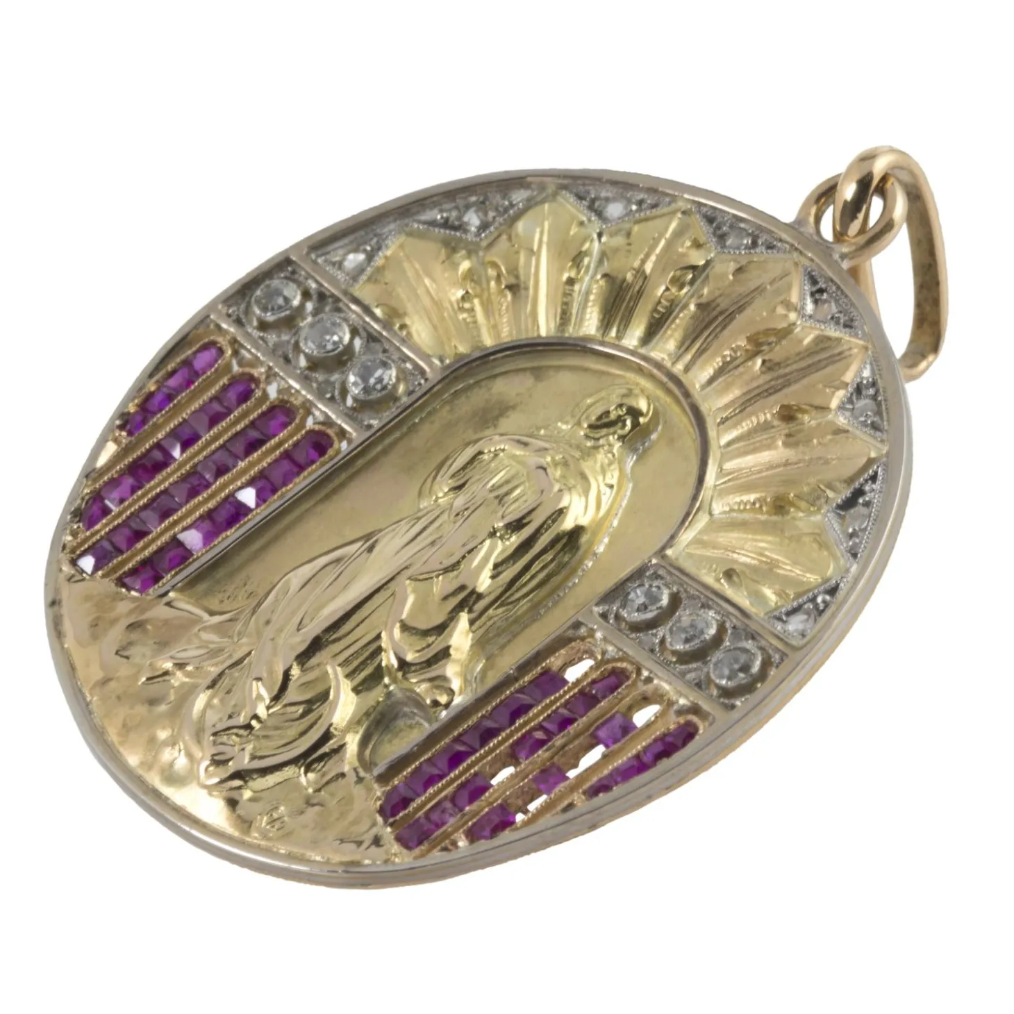 MEDALLAS Medalla virgen oro amarillo rubíes y diamantes