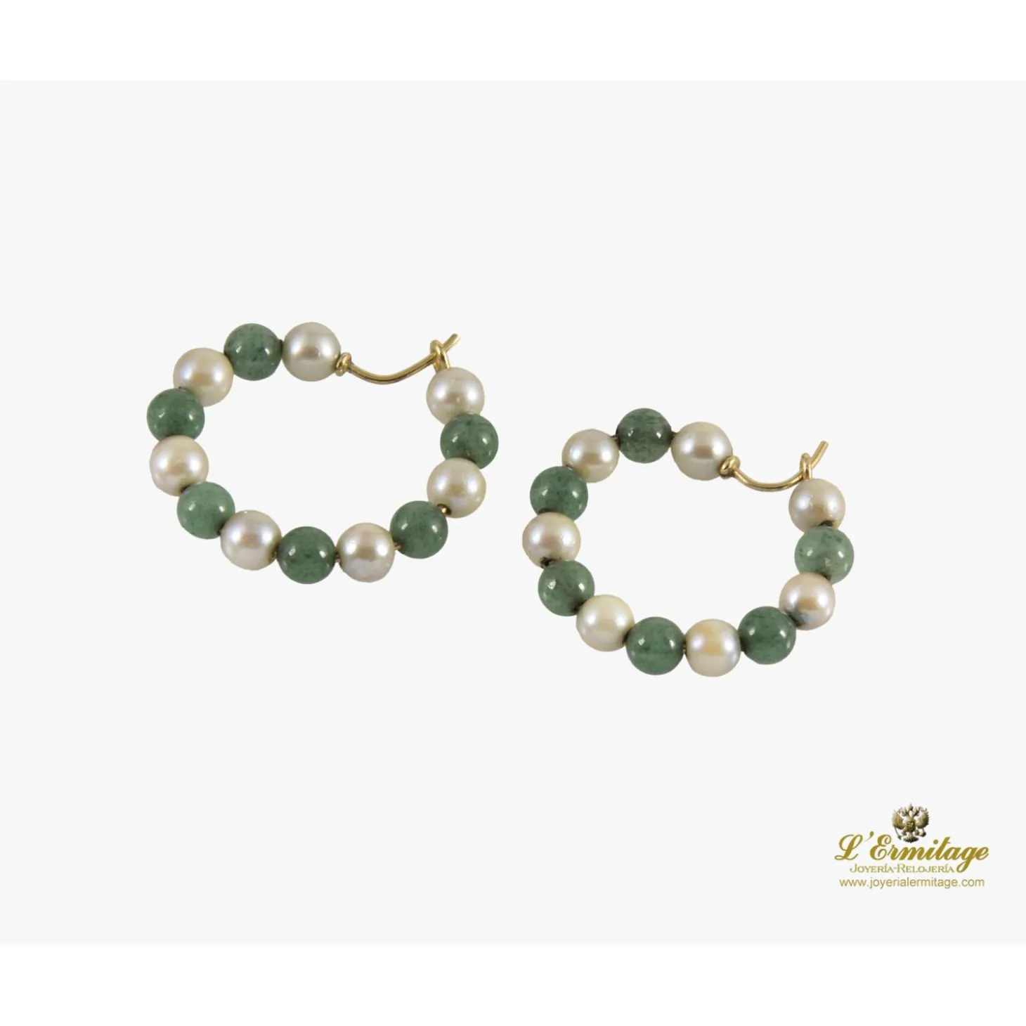 PENDIENTES Argollas oro amarillo esmeraldas y perlas.