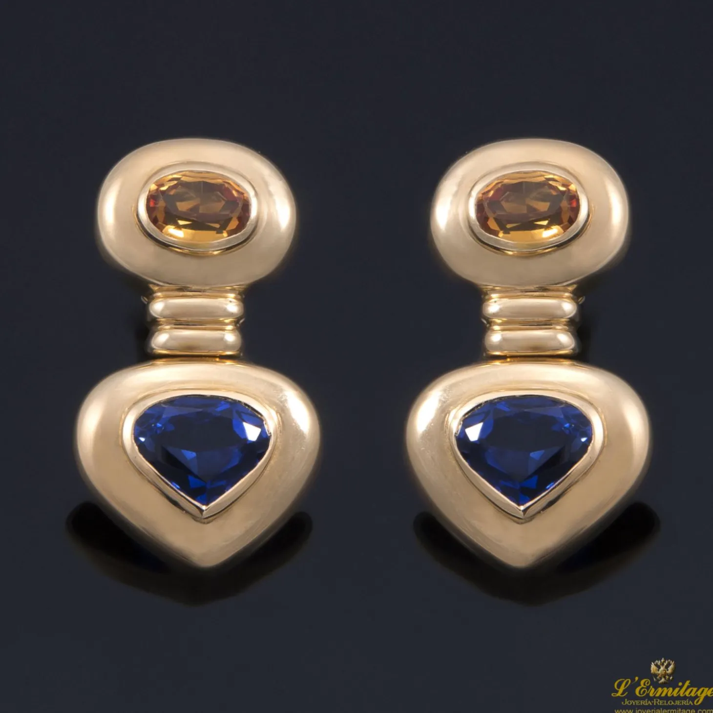 PENDIENTES Pendientes colgantes oro amarillo citrino y zafiros.