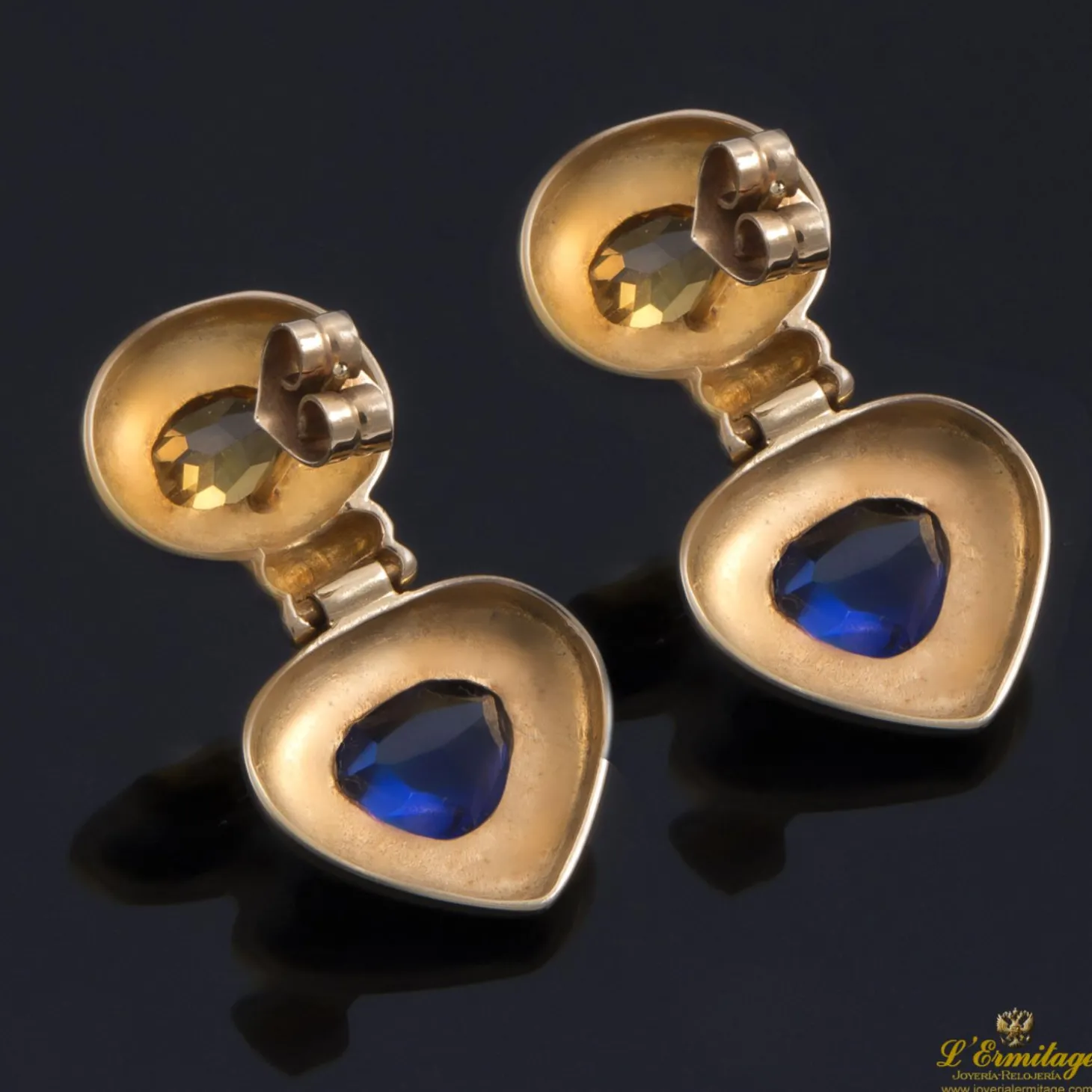 PENDIENTES Pendientes colgantes oro amarillo citrino y zafiros.