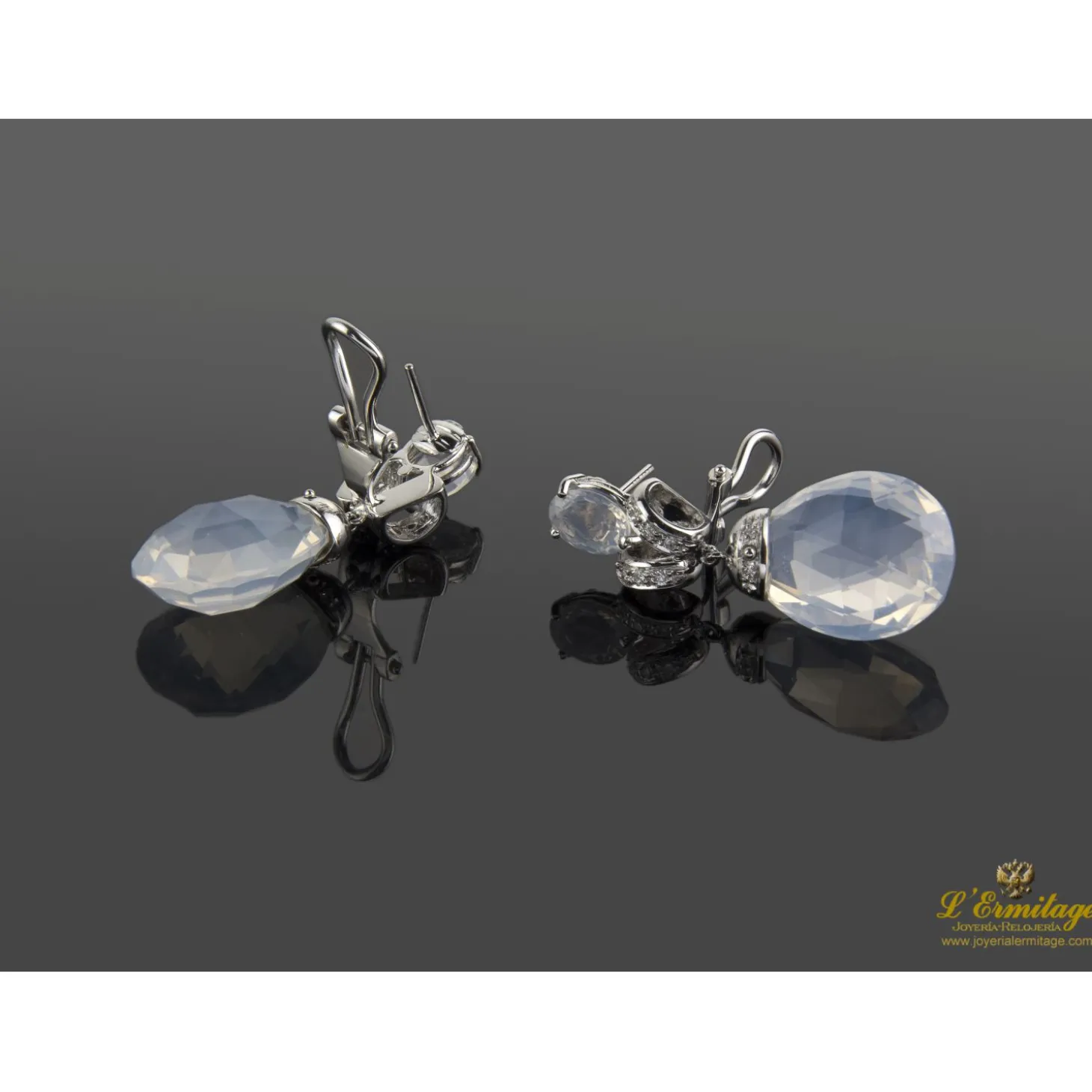 PENDIENTES Pendientes colgantes oro blanco piedra semipreciosa blanca y diamantes