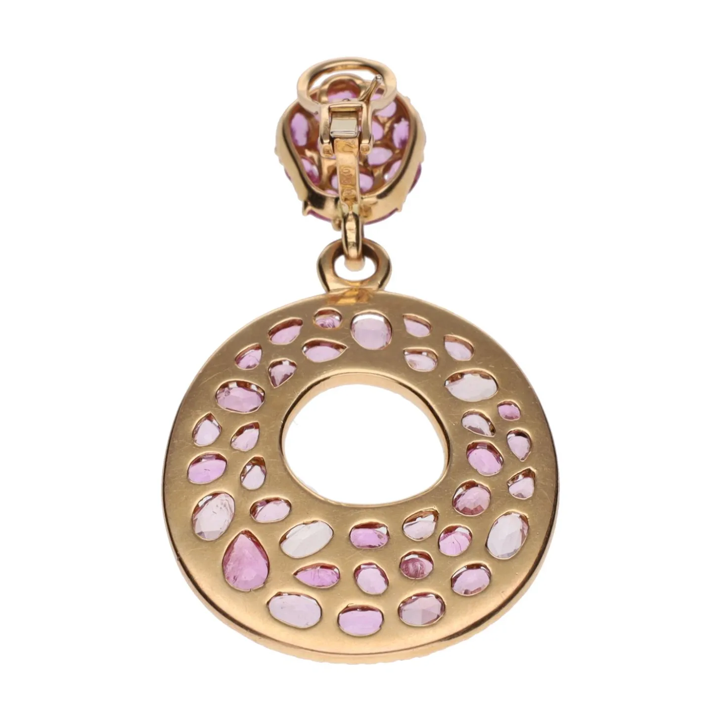 PENDIENTES Pendientes en oro amarillo con piedras rosas y brillantes. Cierre omega.