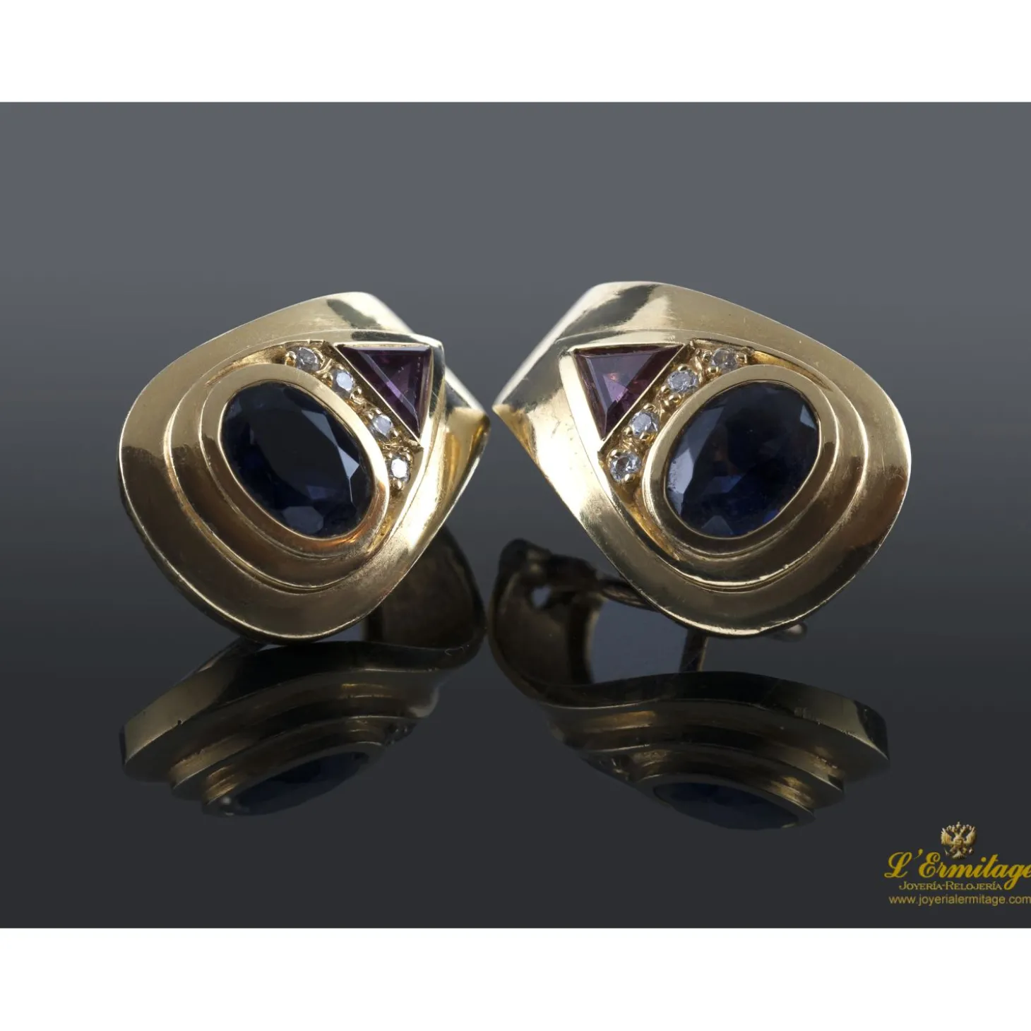 PENDIENTES Pendientes oro amarillo zafiros, diamantes y rubíes
