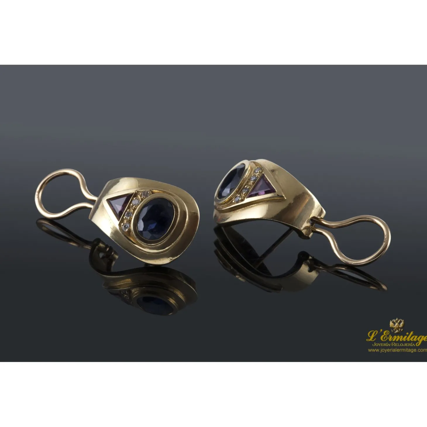 PENDIENTES Pendientes oro amarillo zafiros, diamantes y rubíes