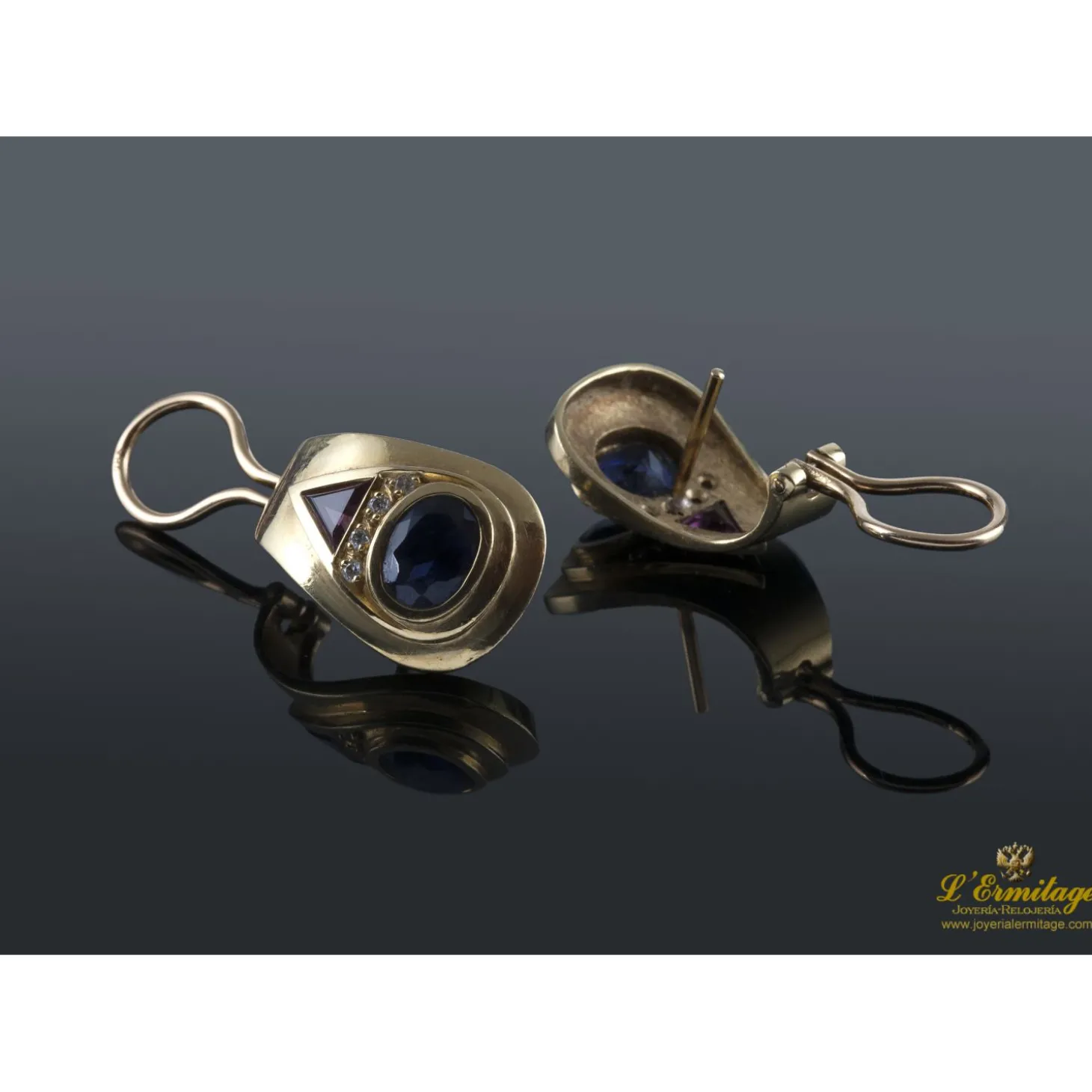 PENDIENTES Pendientes oro amarillo zafiros, diamantes y rubíes
