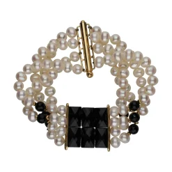 PULSERAS Pulsera de cuatro filas de perlas y ónix en oro amarillo.