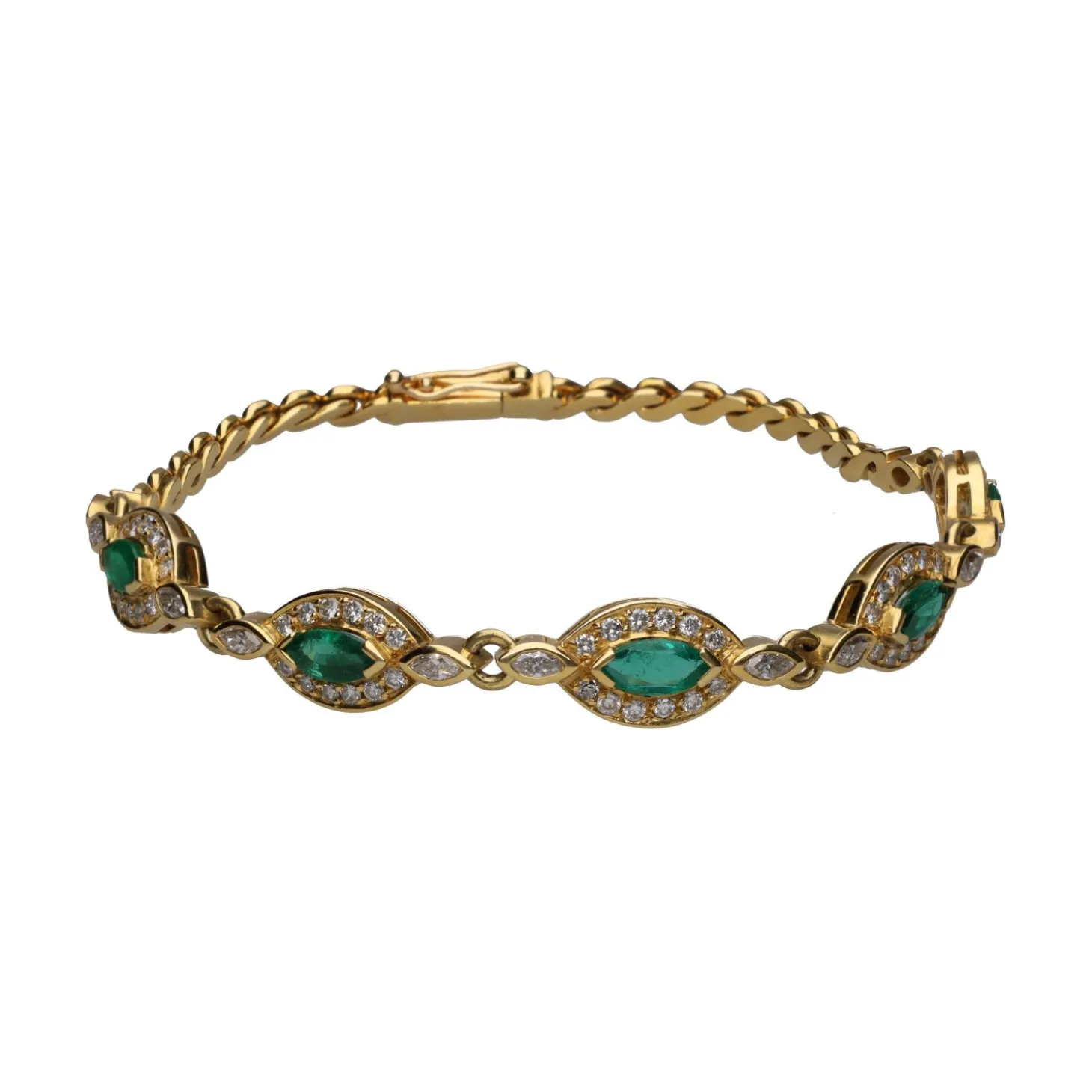 PULSERAS Pulsera en oro amarillo con esmeraldas y brillantes.