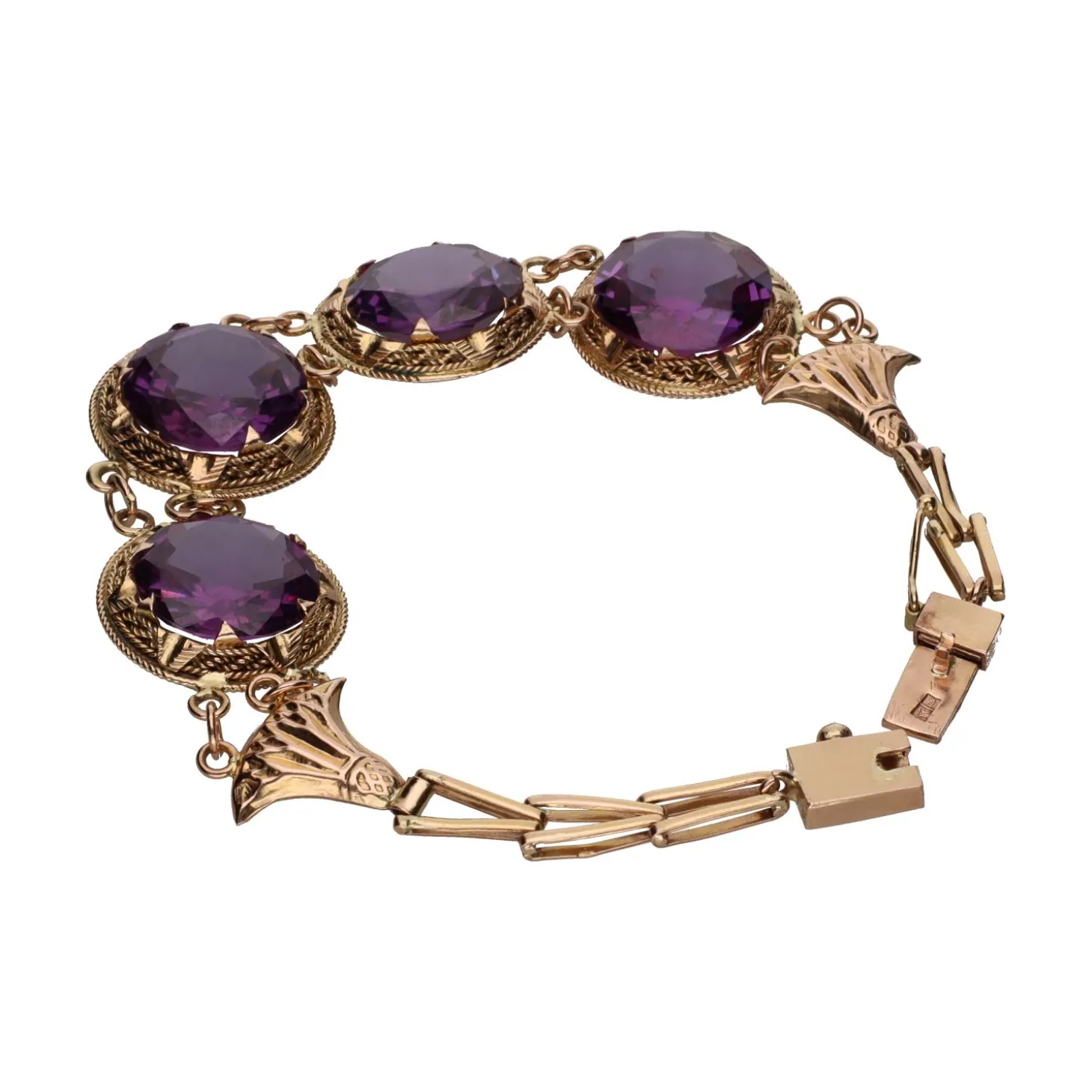 PULSERAS Pulsera en oro amarillo de 14k con amatistas.